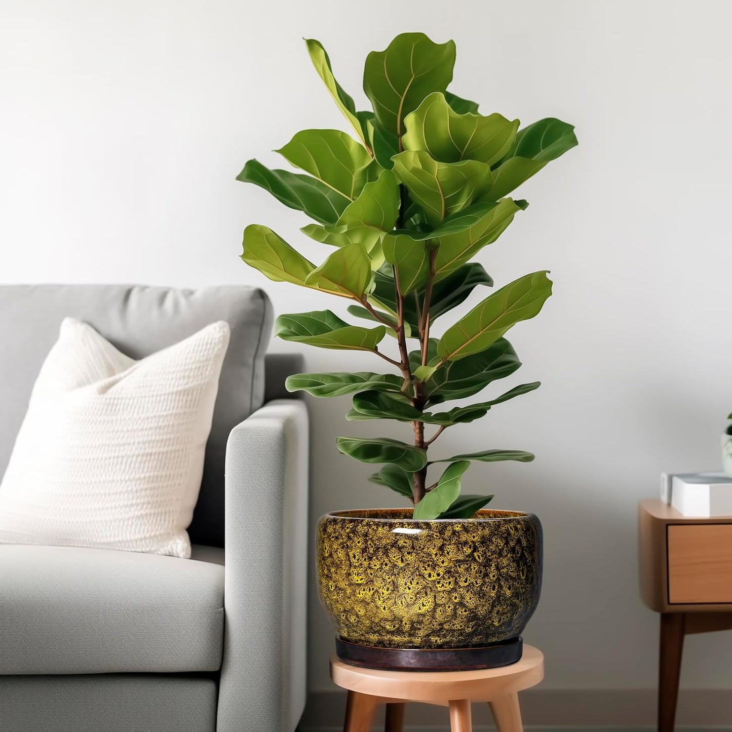 SQOWL 10 Inch Plant Pot - Ceramic Flower Pots with Drainage Hole and Saucer, Ceramic Planter for Indoor Plants Outdoor, Decorative Round Large Planter, House Decor, Gifts for Women Men, Yellow