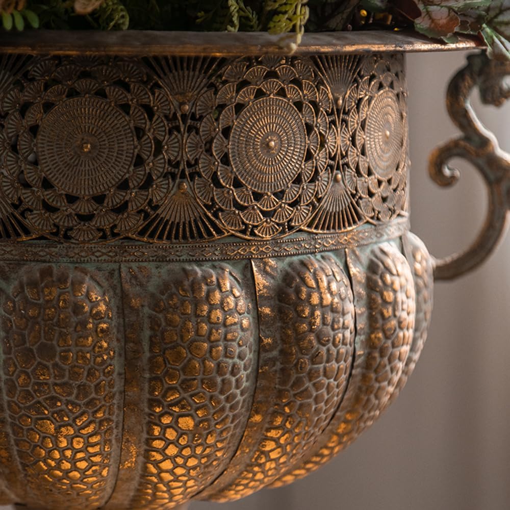 Vintage Metal Decorative Urn Planter with Stand, Embossed Pattern, Bronze Finish (45 * 39 * 36CM)