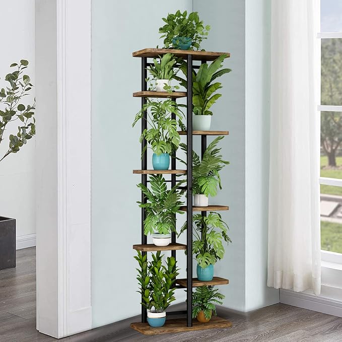 LINZINAR Plant Stand 8 Tier 9 Potted Multiple Flower Pot Holder Shelf Indoor Outdoor Planter Rack Storage Organizer for Patio Garden Corner Balcony Living Room (8 Tier-9 Potted, Black)