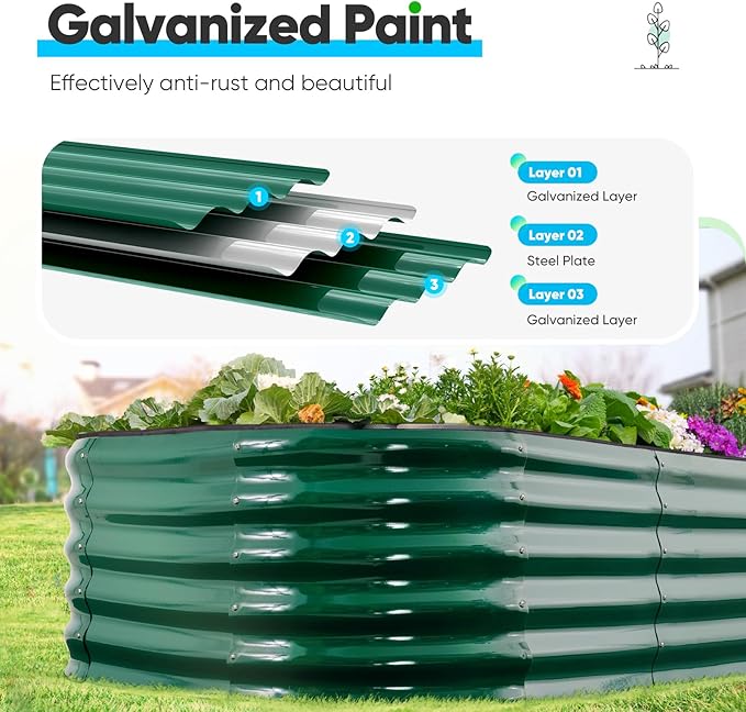 Quictent Galvanized Raised Garden Bed Kit, 6x3x1.5 ft Oval Metal Planter Box Tall for Vegetables Outdoor Backyard, Rubber Strip Edging Included, Dark Green