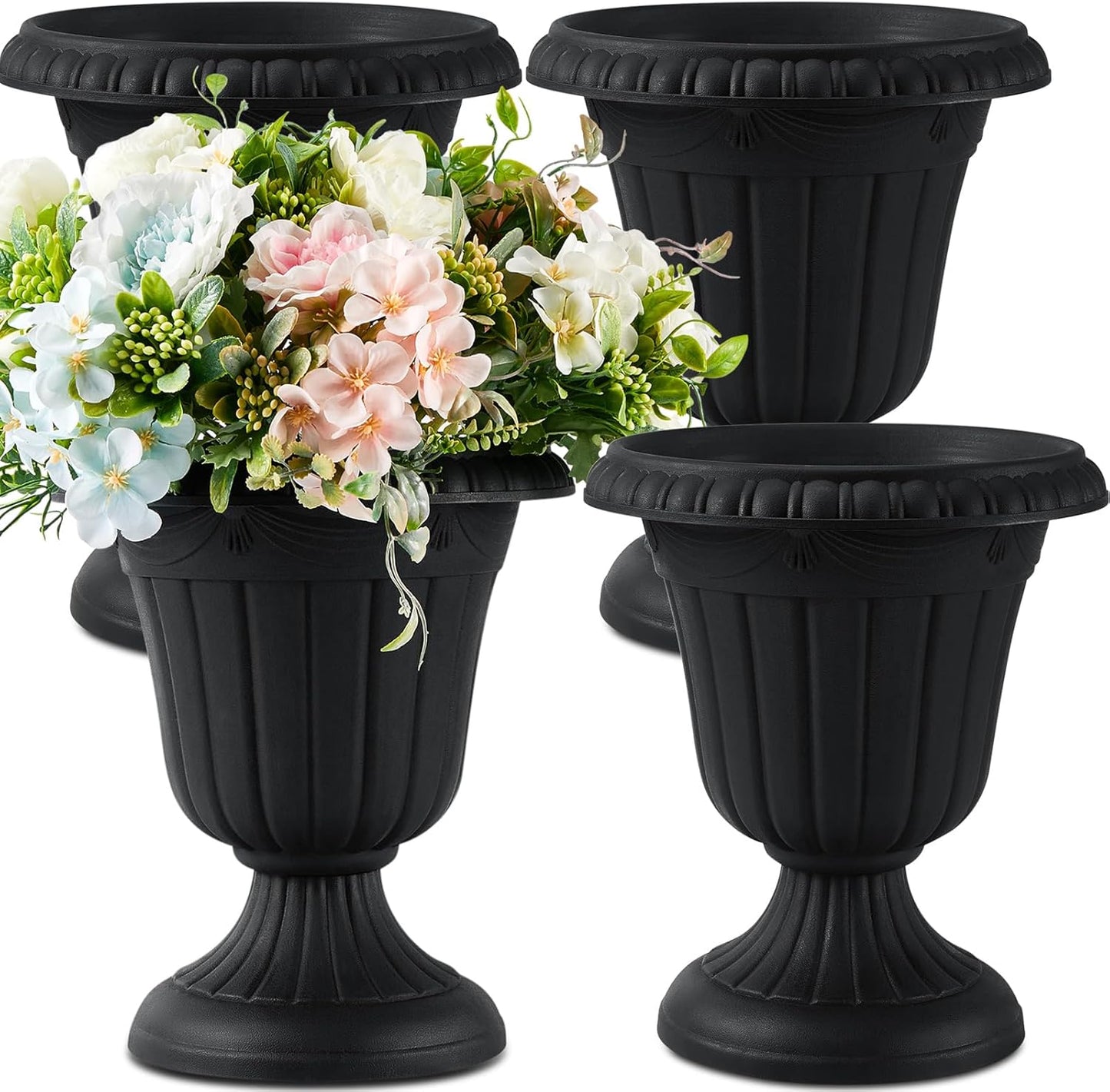 Zhehao 4 Pcs Plastic Urn Planter 10 x 11.5 Inch Black Classic Flower Pots Front Porch Planters Indoor Outdoor Planters with Pedestal for Wedding Party Bridal Shower Garden Patio Home Decor