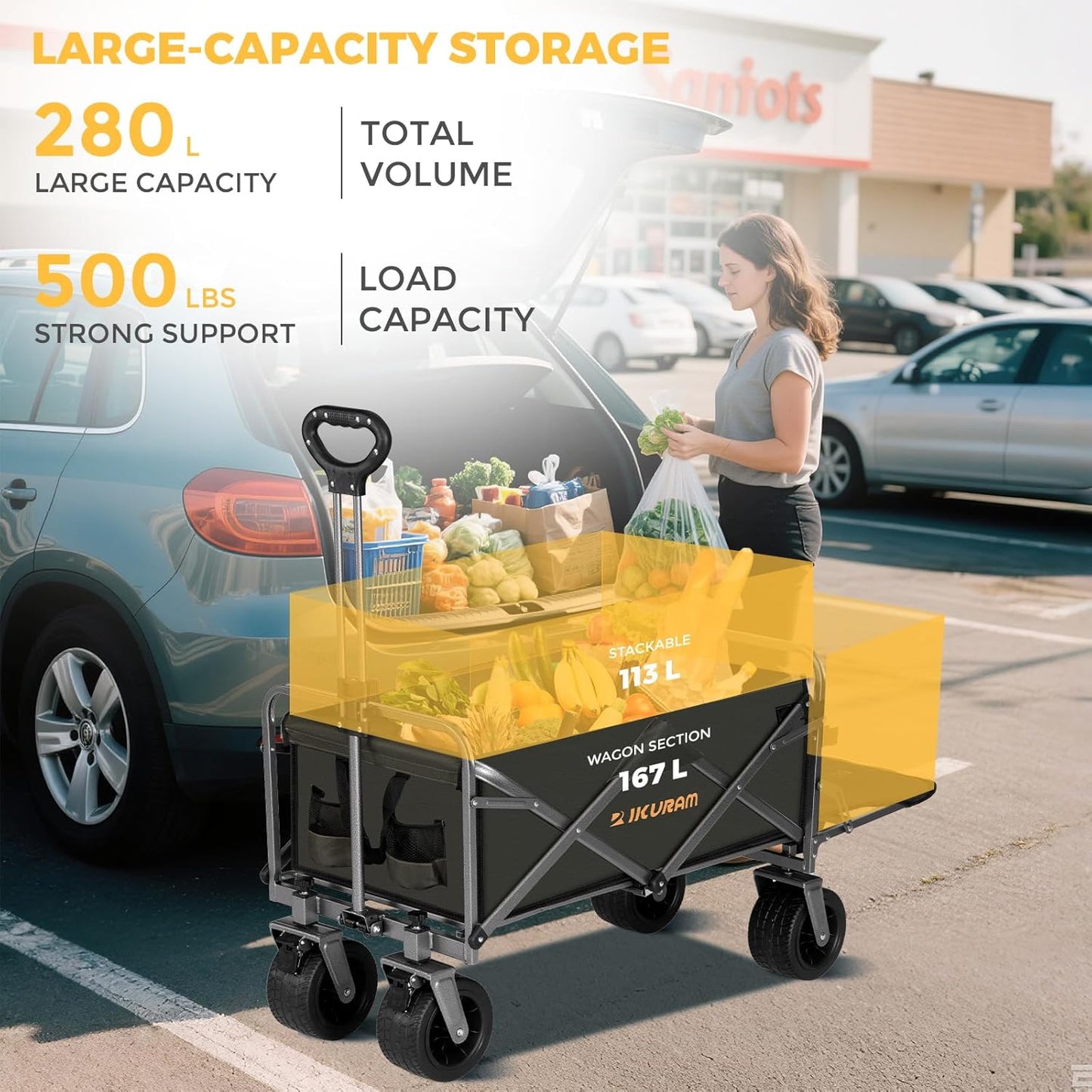 Collapsible Wagon Cart with Removable Tabletop, 500LBS Folding Wagons with Extended Tailgate, Big All-Terrain Wheels, Heavy Duty Utility Wagon Carts for Beach, Picnic, Grocery, Outdoor