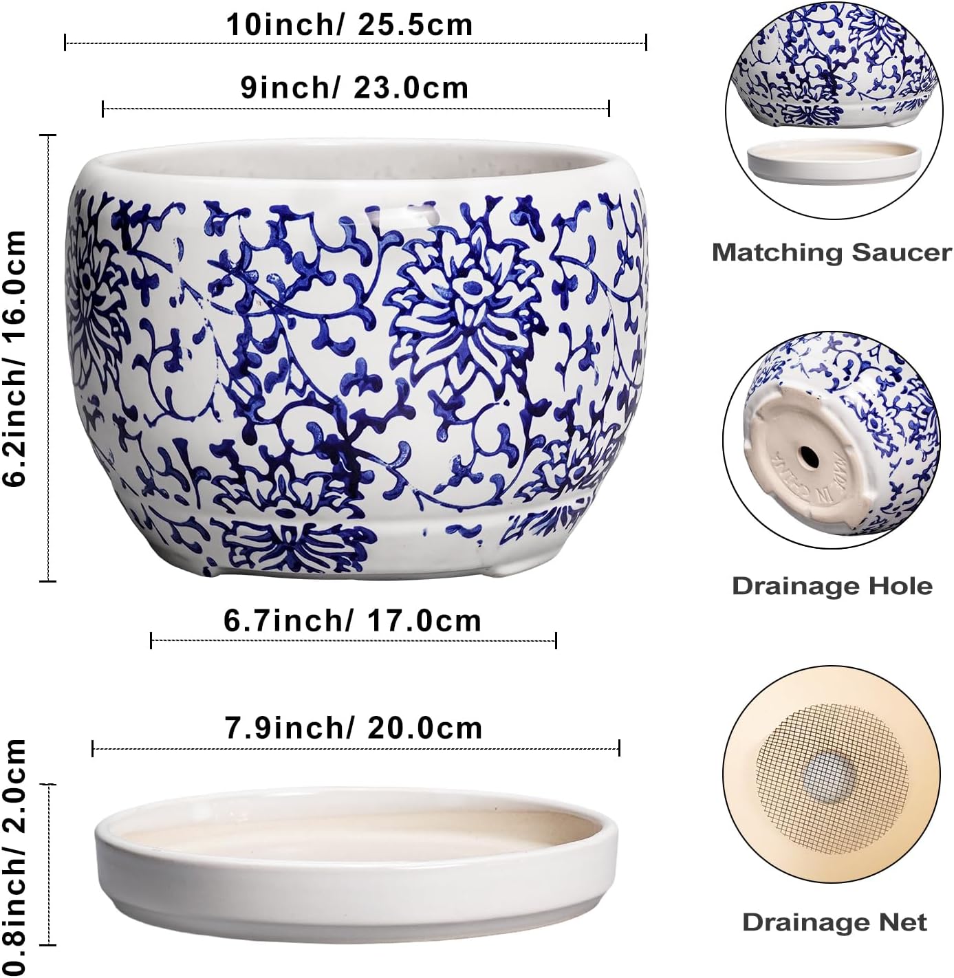SQOWL Ceramic Pots for Plants - 10 Inch Ceramic Flower Pots with Drainage Hole and Saucer, Round Large Planter Indoor, Decorative Porcelain Planter Outdoor, Home Decor, Birthday Gifts, Blue and White
