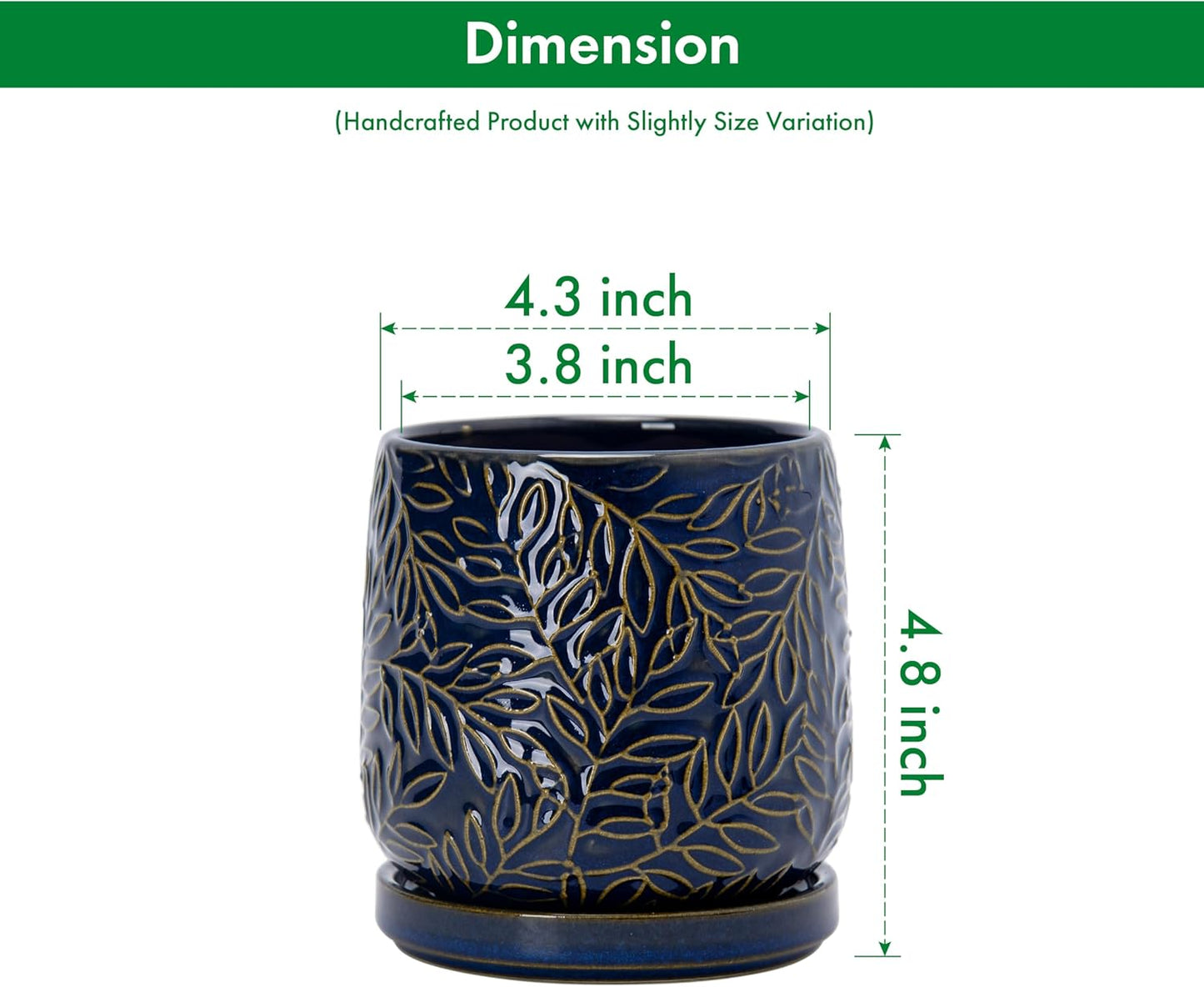 D'vine Dev 4 Inch Embossed Leaves Stoneware Planter Pot with Drainage Hole and Saucer, Midnight Blue, 27-A-Z-3