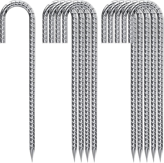 J Hook Rebar Stakes 12 Inch, Ground Stakes for Camping Tent Heavy Duty 10 Pack Rust Proof Coated Metal for Flower Gardens Landscape Fabric Pins Dog Fence