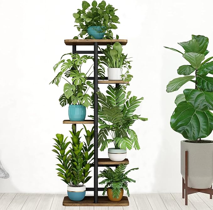 LINZINAR Plant Stand 5 Tier 6 Plant Multiple Flower Rack Holder Shelves Rack Storage Organizer Display Indoor Planter for Balcony Bedroom Patio Garden Living Room, Black