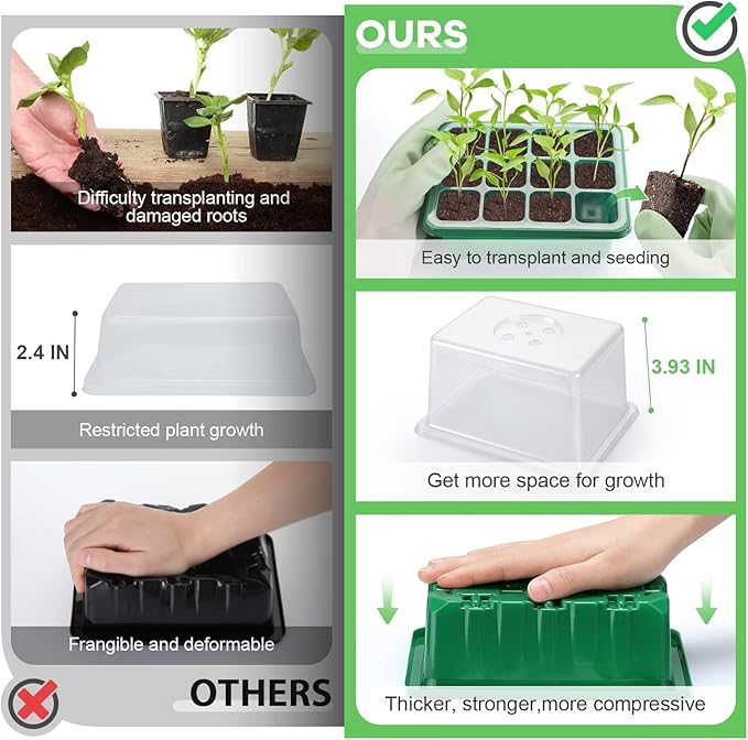 Lunies 6 Packs Seed Starter Tray with Grow Light, Indoor Greenhouse Seeding Starter Trays for Planting, Base Gardening Plant Germination Kit, Seed Starter Kit with Humidity Domes, (12 Cells per Tray)