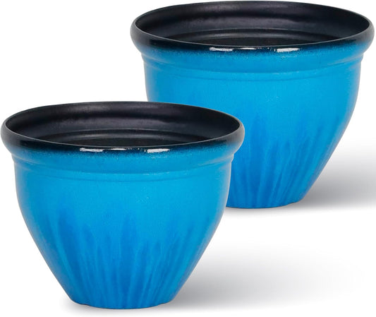 Worth Garden 8-Inch Dia. Round Blue Plastic Planters with Drain Holes, 5.9-Inch Height - 2-Pack Glossy Finish Bell-Shaped Plant Pot – Lightweight Indoor/Outdoor Flower Pots