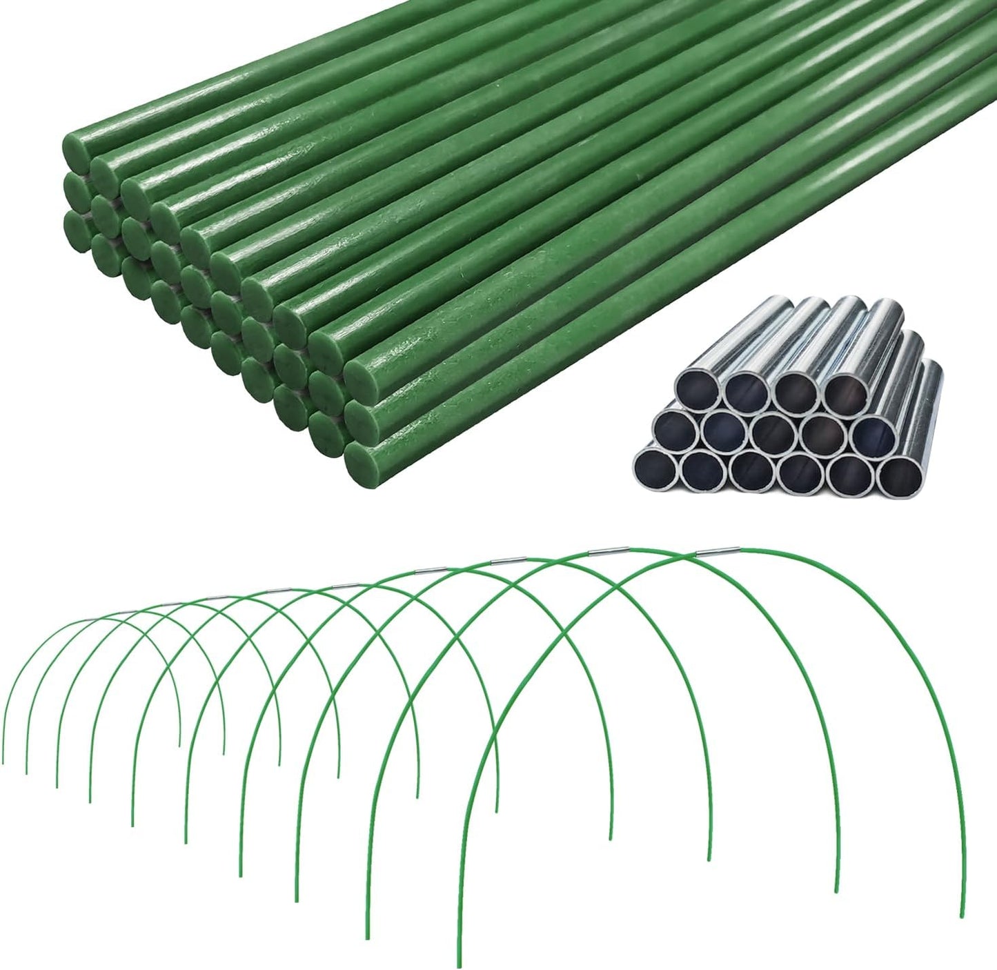 Garden Greenhouse Hoops Kit 15 Sets -2-Section Design, 8ft Grow Tunnels Poles Plant Raised Beds, 30 Pcs 4ft Solid Fiberglass Support Stakes 15 Metal Connectors -Quick Assembly No Loose Parts (Green)