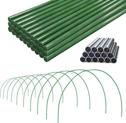 Garden Greenhouse Hoops Kit 15 Sets -2-Section Design, 8ft Grow Tunnels Poles Plant Raised Beds, 30 Pcs 4ft Solid Fiberglass Support Stakes 15 Metal Connectors -Quick Assembly No Loose Parts (Green)
