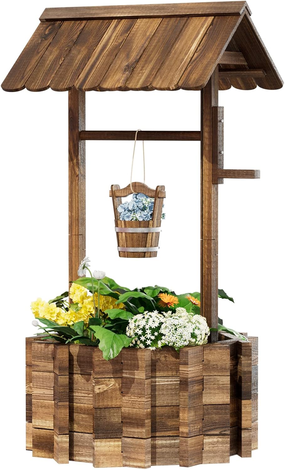 Wooden Wishing Well Planter for Outdoors with Hanging Bucket, Rustic Flower Planter Patio Garden Decorative, Brown
