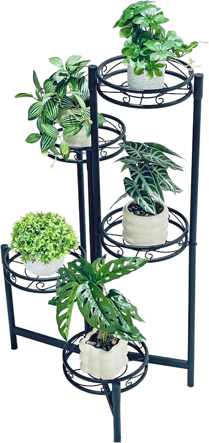 Metal Plant Stand Indoor Outdoor, 5 Tier 5 Potted Multiple Plant Shelf Stands, Wrought Iron Flower Holder Shelf, Folding Tall Rack Shelf for Patio, Balcony, Corner Living Room - BlackCircle