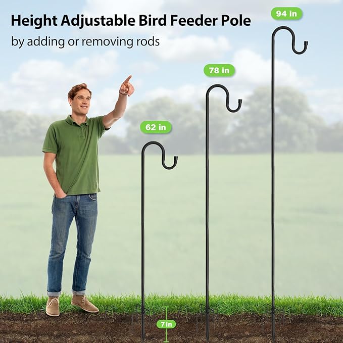 Shepherds Hooks, 62" Bird Feeder Pole for Outdoor, 4/5” Thick Hummingbird Feeders Stand Heavy Duty, Hanging Plant Hanger Stake with 5-Prong Base, Metal Shepard Stick