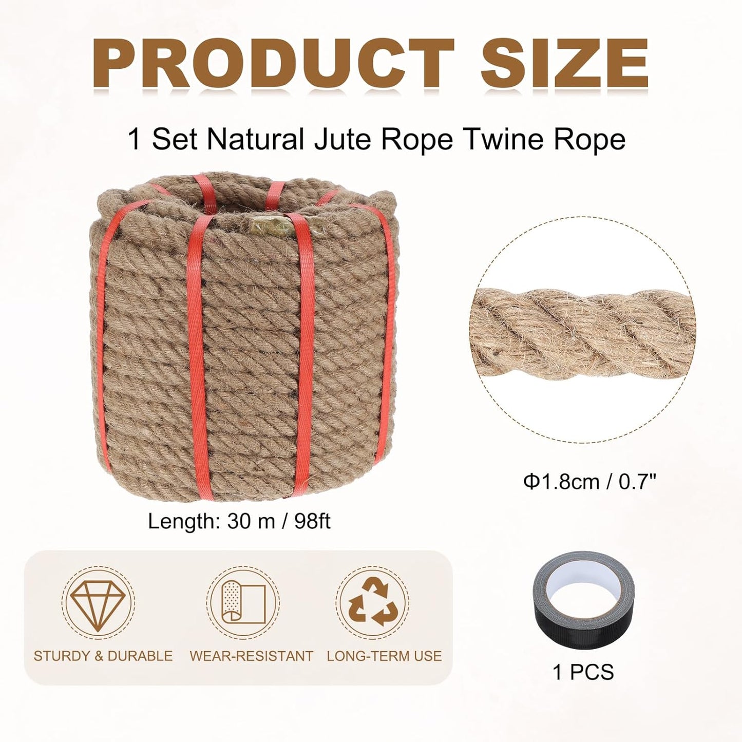 MECCANIXITY Jute Rope 0.7 Inch x 98ft, Thick Twine Rope Ropes Braided Jute Twine Natural Brown Burlap Cord String Heavy Twisted with Tape for Decorative Crafts Railing Swing Tug of War