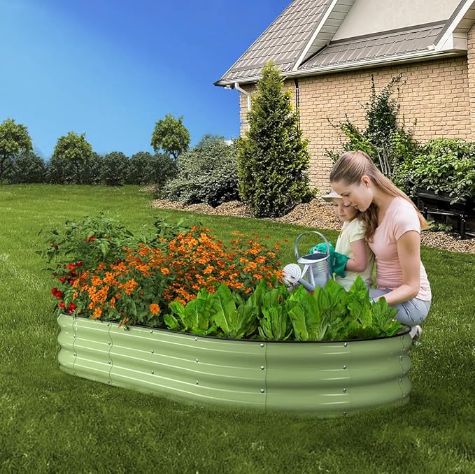 Raised Garden Bed, 6x3x1ft Galvanized Outdoor Planter Beds with Safety Edging and Gloves, Oval Metal Planter Box for Gardening Vegetables Flowers Herb