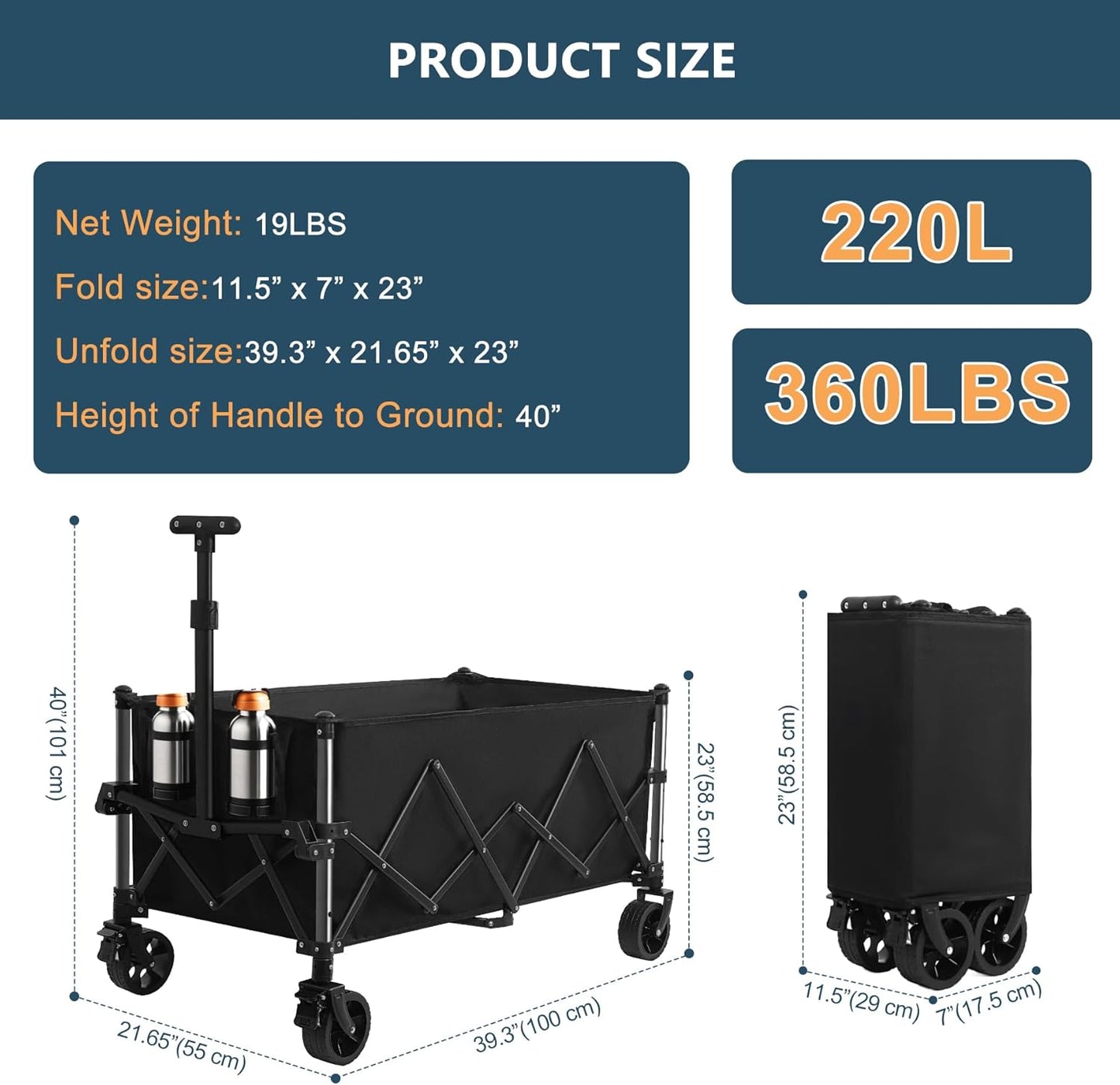 Favoyard Extra Large Collapsible Wagon Carts Foldable 220L & 360LBS Portable Folding Wagons with All-Terrain Wheels & Brakes Heavy Duty Outdoor Utility Carts for Grocery Camping Shopping Sports Garden
