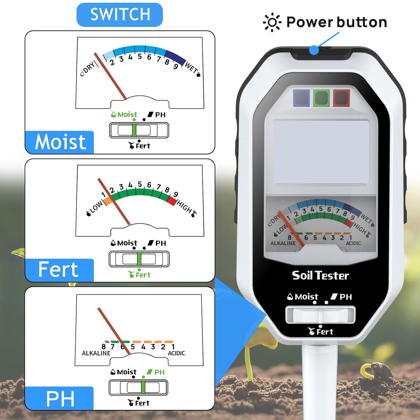 Soil Moisture Meter, 7-in-1 Soil PH Tester/Soil Moisture/Fertility with Removable Probe, Digital Air Temp/Humidity/Sunlight Intensity/BGR Spectral for Plants Gardening, Lawn and Indoor Outdoor Plants