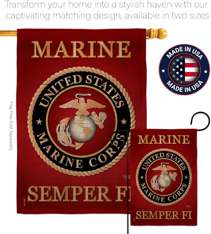 Marine Corps Burlap Garden Flag - Set with Stand Armed Forces USMC Semper Fi United State American Military Veteran Retire Official - House Banner Small Yard Gift Double-Sided Made In USA , Garden Flag 13"x 18.5"