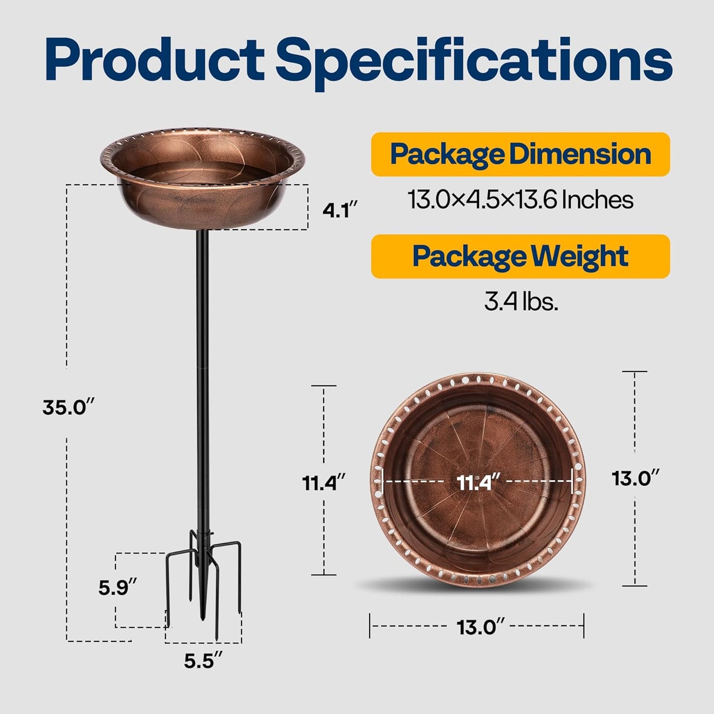 VIVOHOME Polyresin Bird Bath Bowl with Metal Stake, 29 Inch Height Outdoor Freestanding Birdfeeder, Capacity 1.4 Gallons, 5-Pronged Base, Bronze