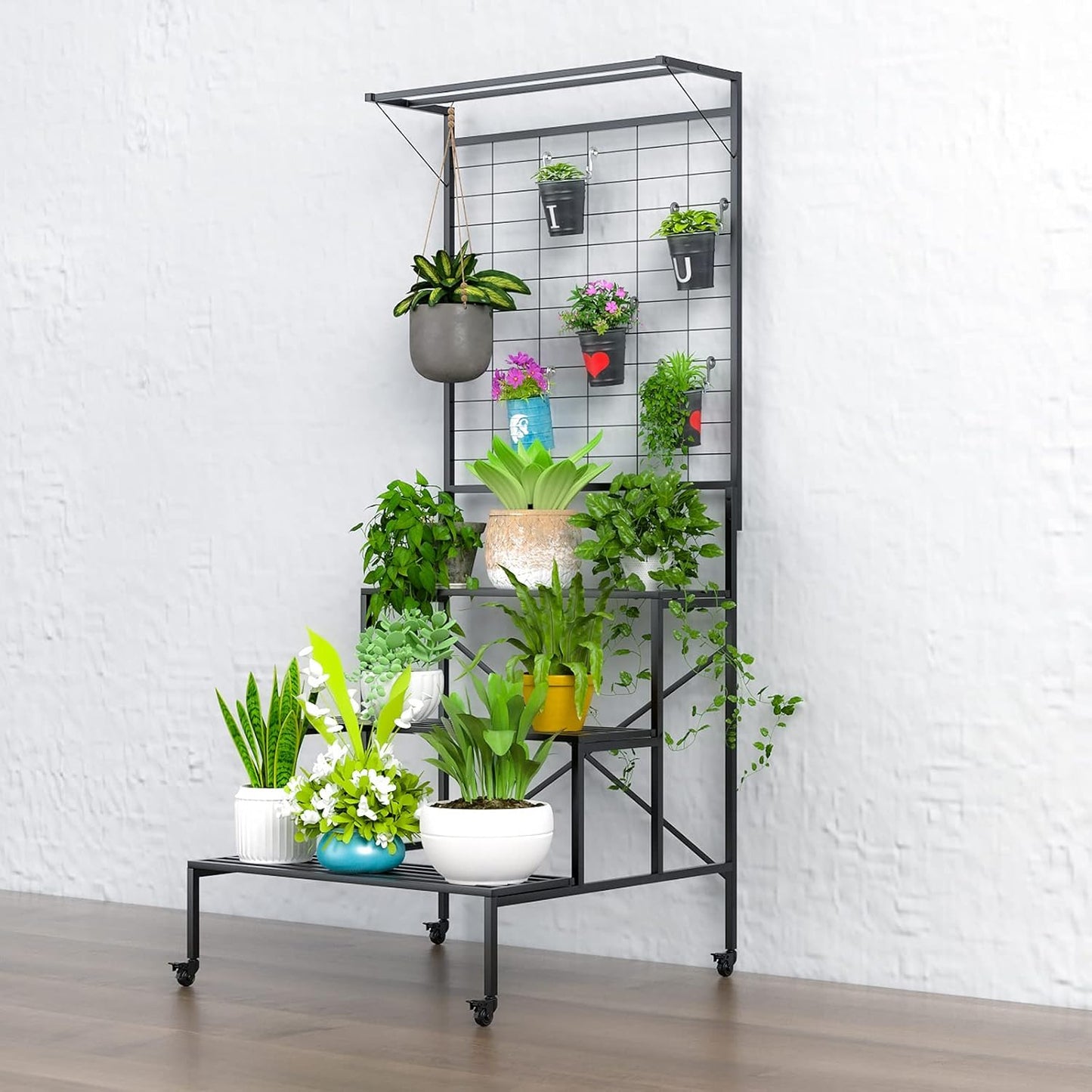 Zhongma 3 Tier Large Heavy Duty Plant Stand with wheels, Tall multi layer Plant Holder with Hanging Plant pot shelf, 35.43 x 33.27 x 80.7inch, Each Tier: 35.43 L x 10.5W, Easy to Hold Large Plant Pot