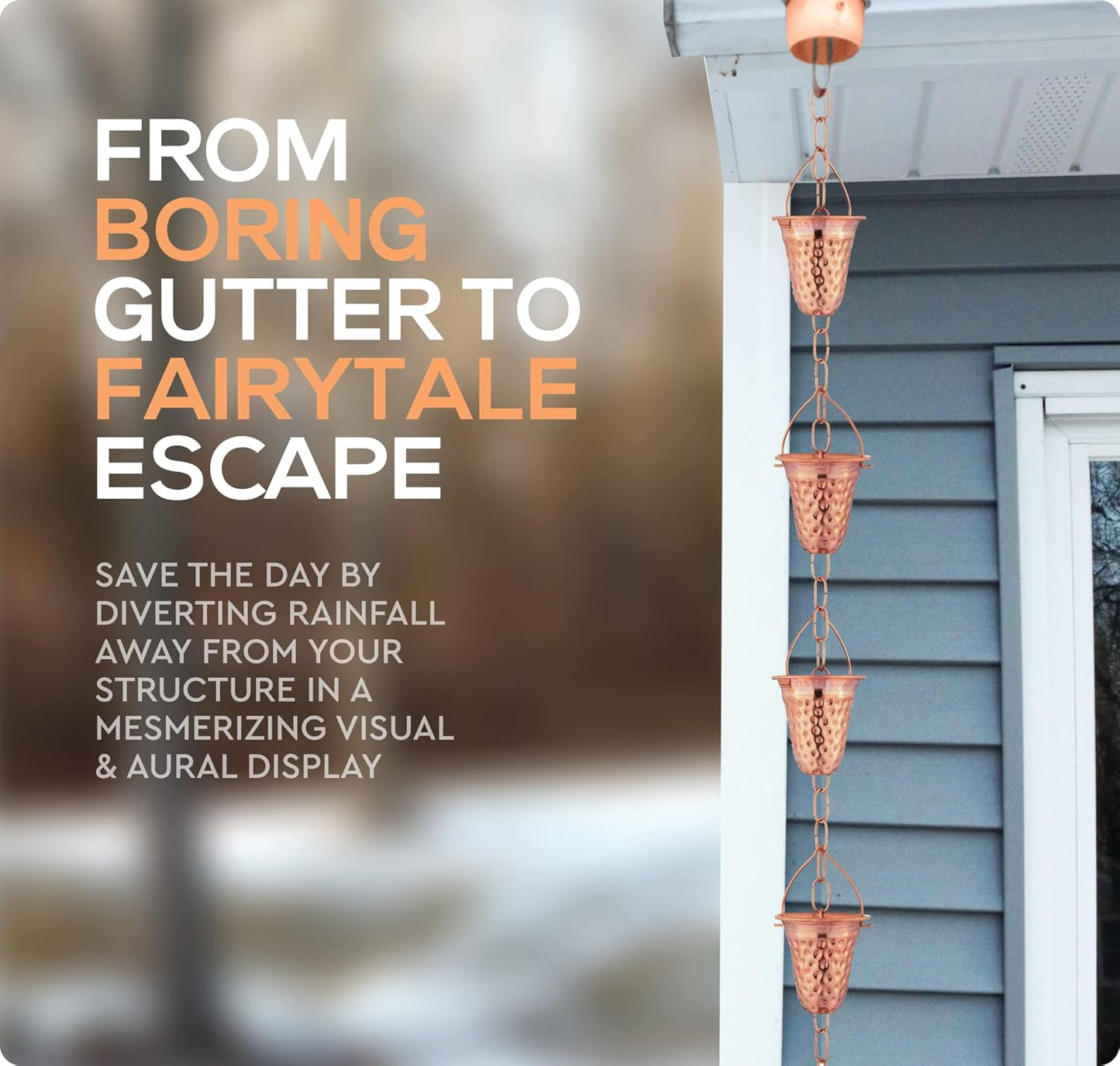 Copper Hammered Rain Chain – Decorative Chimes & Cups Replace Gutter Downspout & Divert Water Away from Home for Stunning Fountain Display – 6.5’ Long for Universal Fit – Bell Style