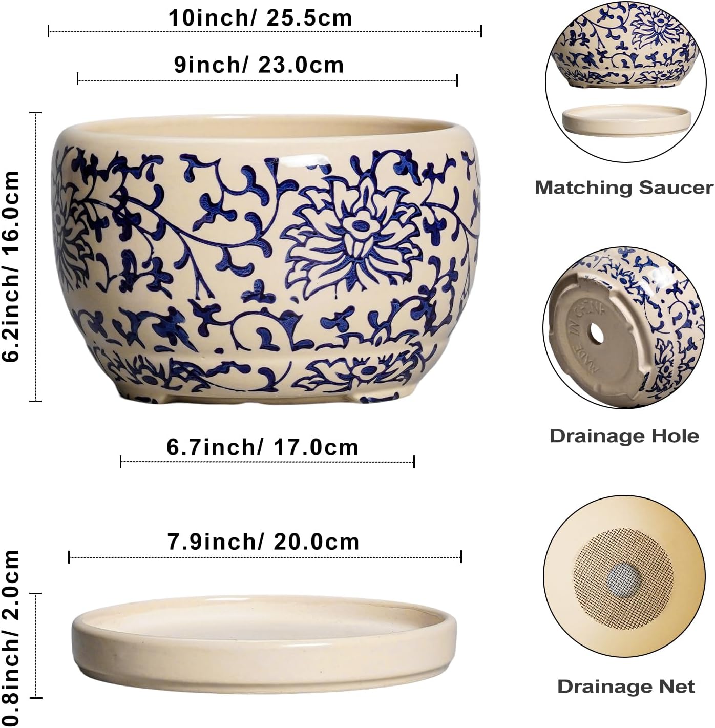 SQOWL 10 Inch Plant Pot Indoor - Ceramic Planter with Drainage Hole and Tray, Large Ceramic Flower Pots Outdoor, Porcelain Decorative Round Planter, Room Decor, Gifts for Plant Lovers, Blue and Beige