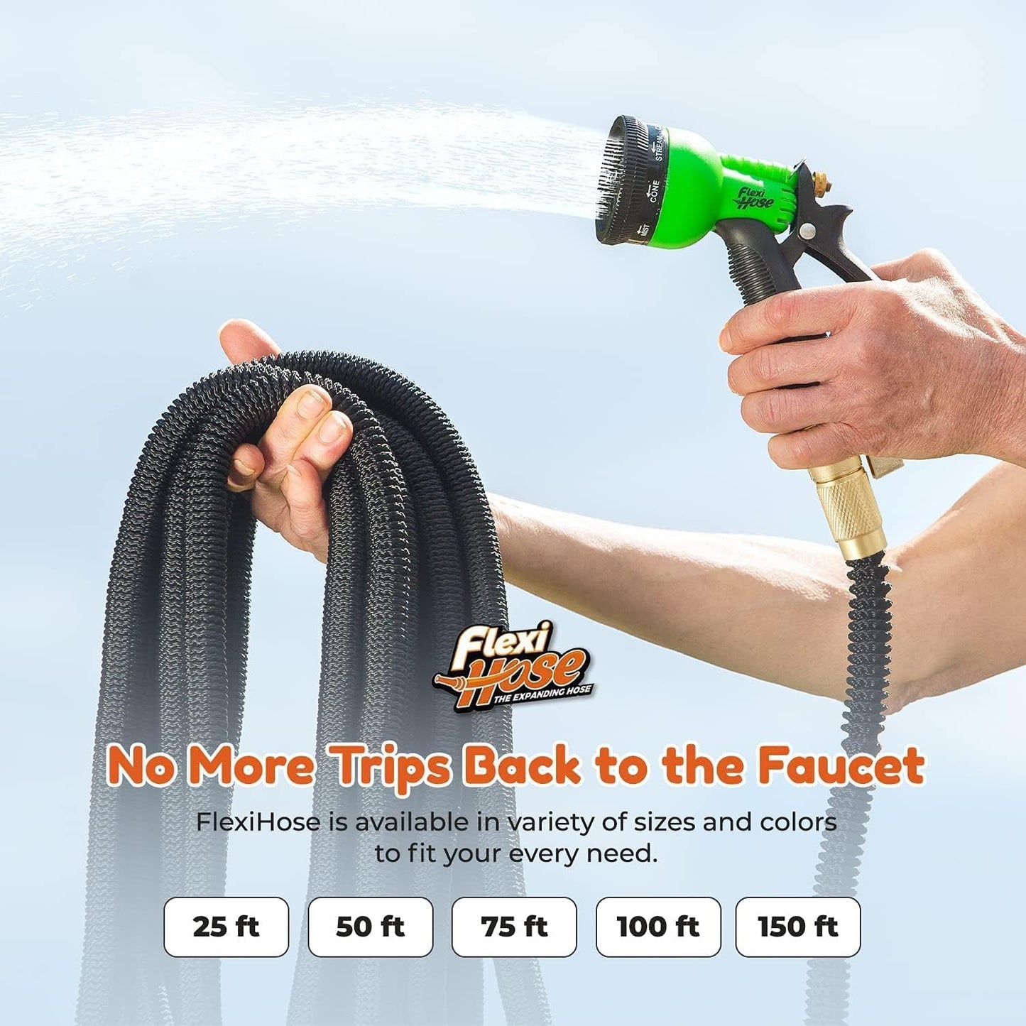 Flexi Hose PLUS with 8 Function Nozzle Expandable Garden Hose, Lightweight & No-Kink Flexible Garden Hose, 3/4 inch Solid Brass Fittings and Double Latex Core, 25 ft Black