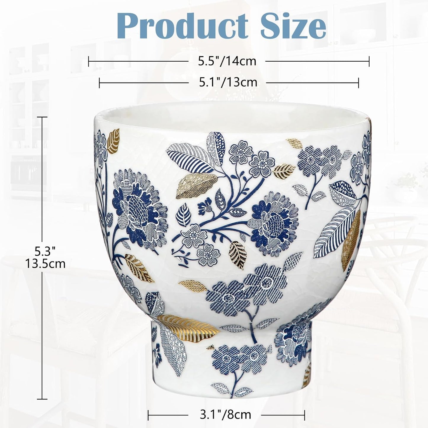 5.5 Inch Decorative Flower Pots, Blue and White Plant Pot Gold Accent Ceramic Planters for Indoor Plants Pots with Drainage Retro Planter Pot for Succulents Cactus Herb Snake Plants Outdoor Garden