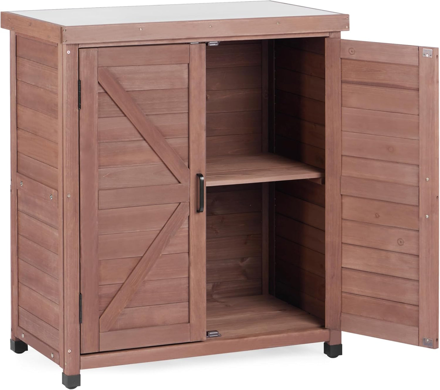 Potting Bench with Storage Cabinet and Metal Table Top for Outdoor Patio, Garden Furniture Wood Workstation