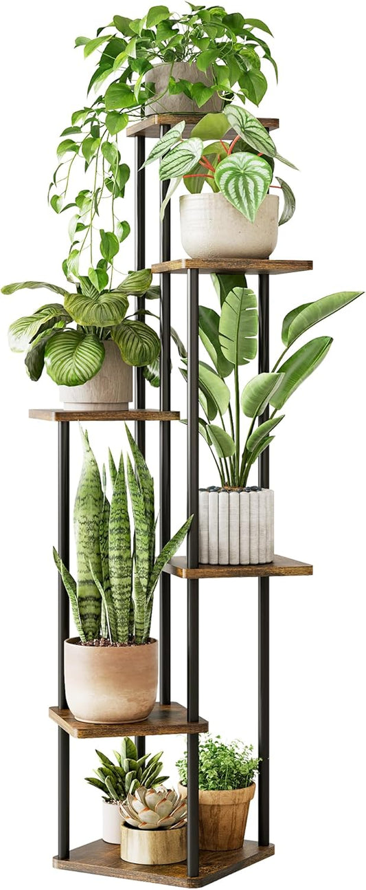 Tall Plant Stand Indoor 6 Tiered Plant Shelf for Multiple Plants Coner Shelf Stand Wood Plant Stand Metal Shelving for Living Room Bedroom Balcony Patio Brown Oak
