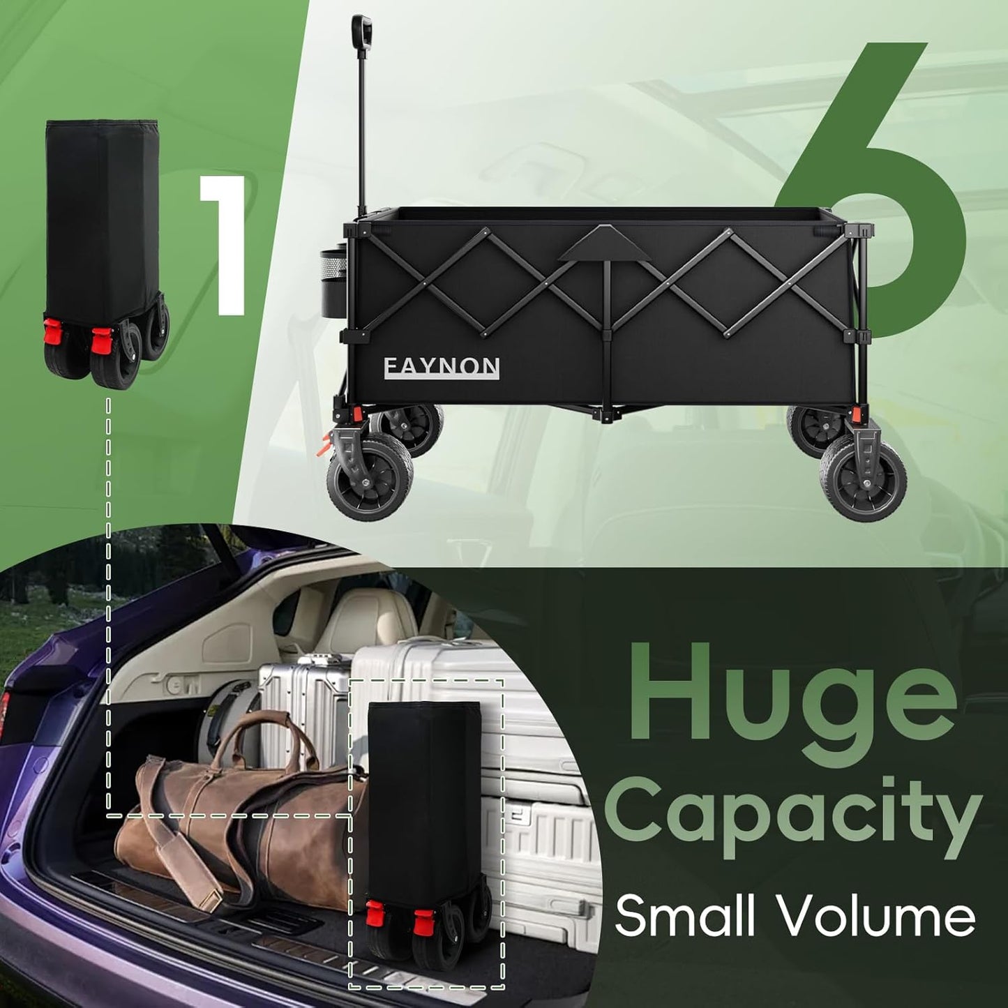 46" L Collapsible Foldable Extended Wagon, 500LB Weight Capacity with 280L Heavy Duty Folding Cart,Utility Wagon with All-Terrain Beach Wheel & Drink Holders,Black