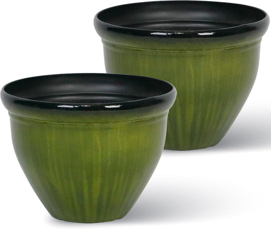 Worth Garden 8-Inch Dia. Round Green Plastic Planters with Drain Holes, 5.9-Inch Height - 2-Pack Glossy Finish Bell-Shaped Plant Pot – Lightweight Indoor/Outdoor Flower Pots