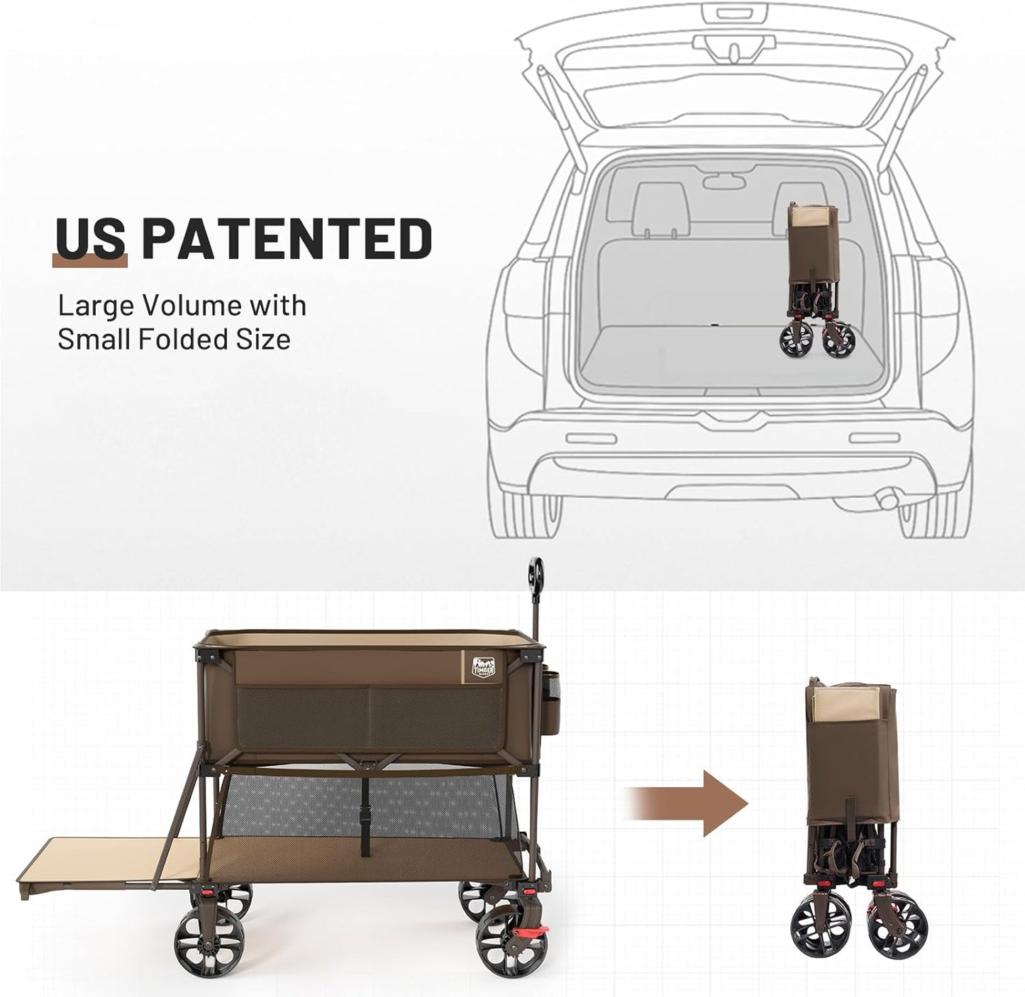 TIMBER RIDGE 400L Large Capacity Folding Double Decker Wagon with Brakes, 54" Extra Long Extender Wagon Cart, 450lbs Heavy Duty Collapsible Cart, All-Terrain Big Wheels for Camping, Sports, Shopping
