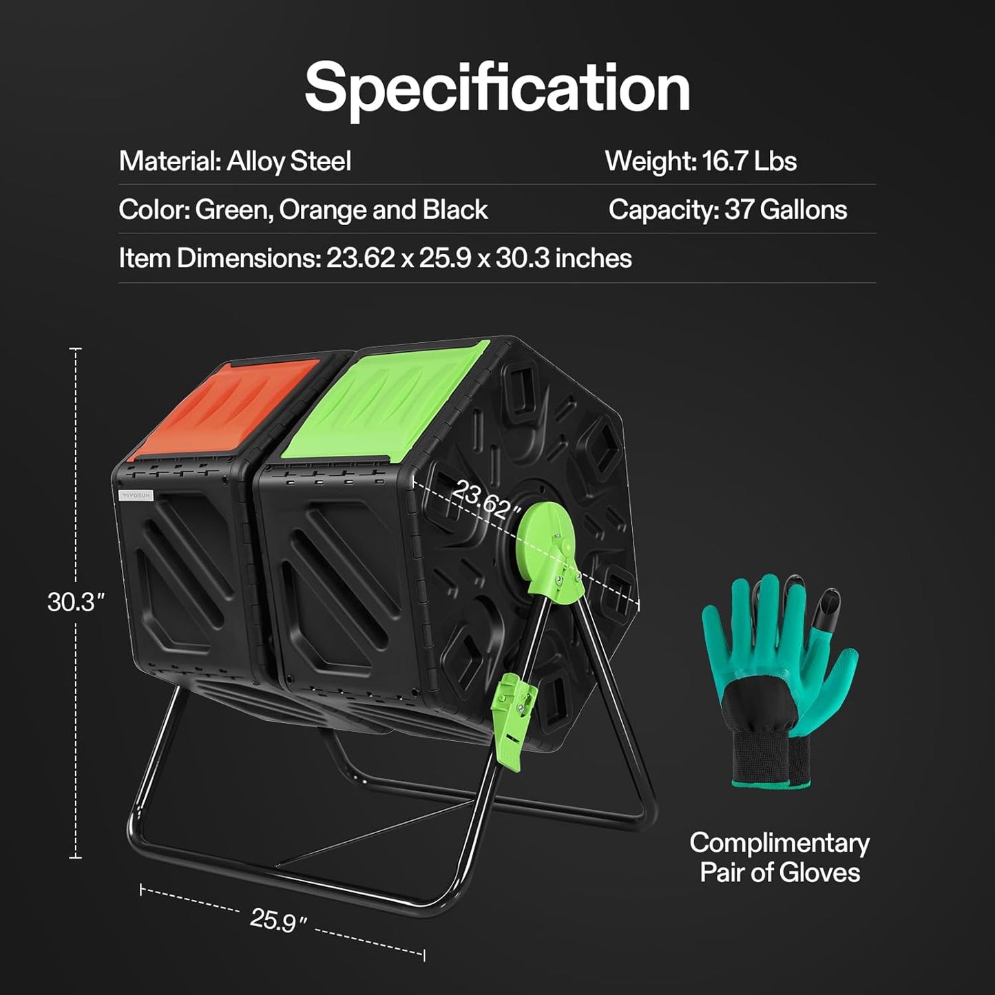 VIVOSUN Dual Chamber Tumbling Composter, 2X 18.5 Gallon Compost Bin, Heavy-Duty Compost Tumbler w/Sliding Door, Plastic, Black