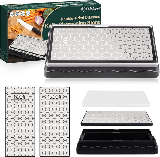 Double-Sided Diamond Sharpening Stone, Kalolary Knife Sharpener Stone Whetstone Honeycomb Surface Plate with Non-slip Base for Scissors Knives Outdoor Kitchen Sharpen Tools (600/1200 Grit, 150 x 63mm)