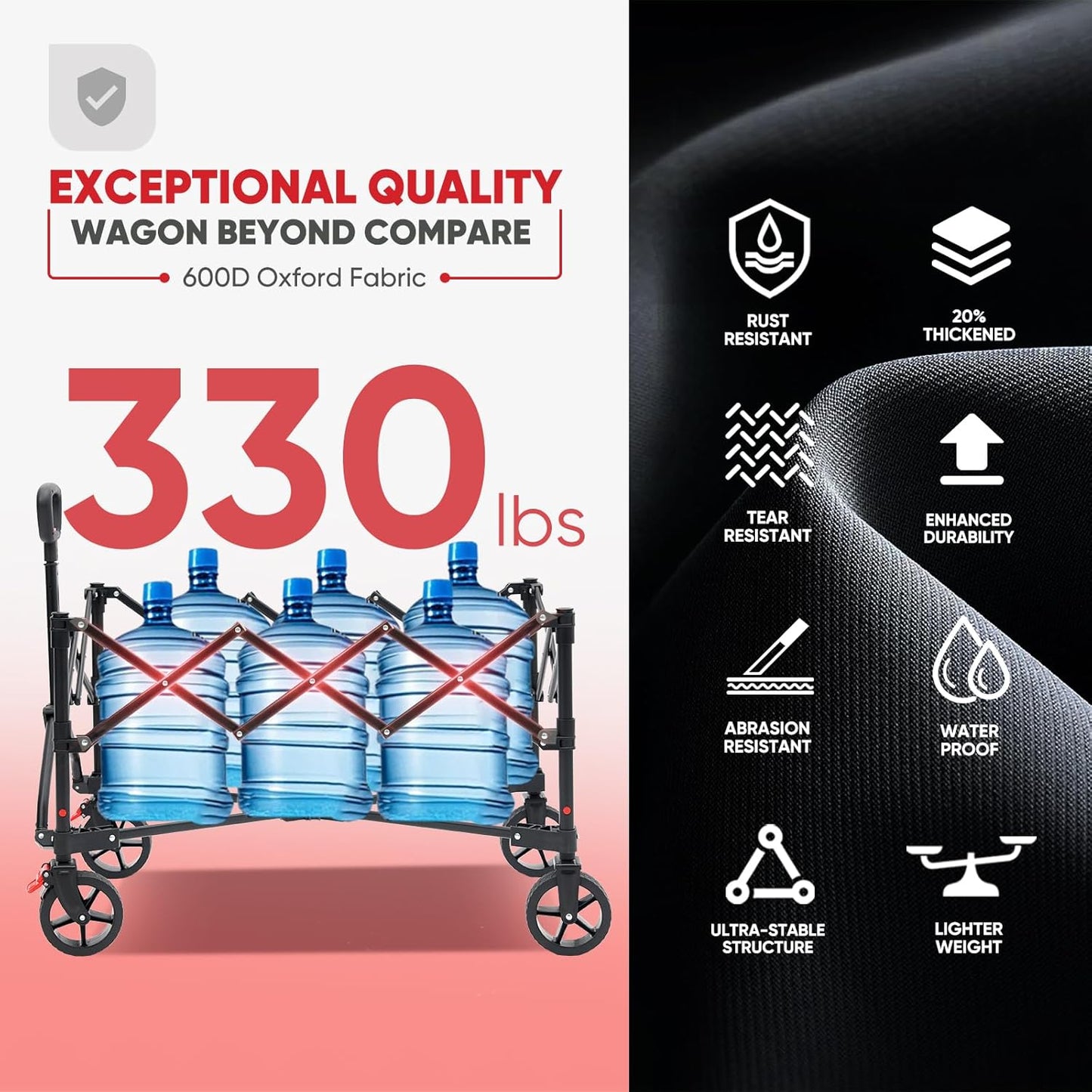 Collapsible Foldable Wagon Cart with 330lbs Weight Capacity, Heavy Duty Folding Wagon Cart with Big All-Terrain Wheels & Drink Holders. Black