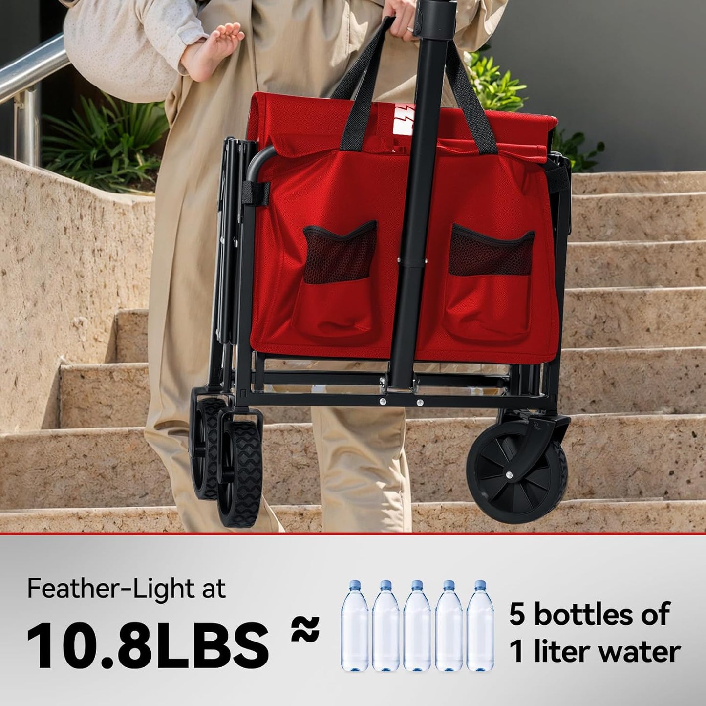 Collapsible Foldable Wagon, Foldig Cart with Wheel Heavy Duty with 180lbs Weight Capacity Lightweight Utility Camping Wagon for Groceries Garden Beach Sports Fishing (Coral Red)