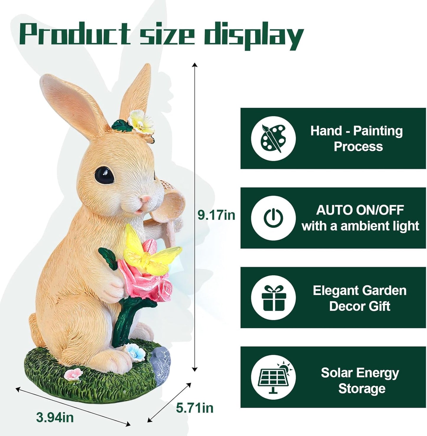 Garden Statues Rabbit with Solar Light,Bunny Outdoor Garden Decor Ornaments for Patio Yard Art,Birthday Easter House Warming Garden Gift for Women Mom,Resin Animal Figurine with Wider Base