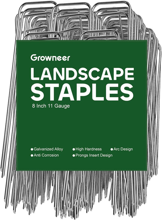 GROWNEER 8 Inch 50 Pack Landscape Staples Heavy Duty 11 Gauge Galvanized Steel Garden Stakes Securing Pegs for Securing Weed Fabric Landscape Fabric Netting Ground Sheets and Fleece