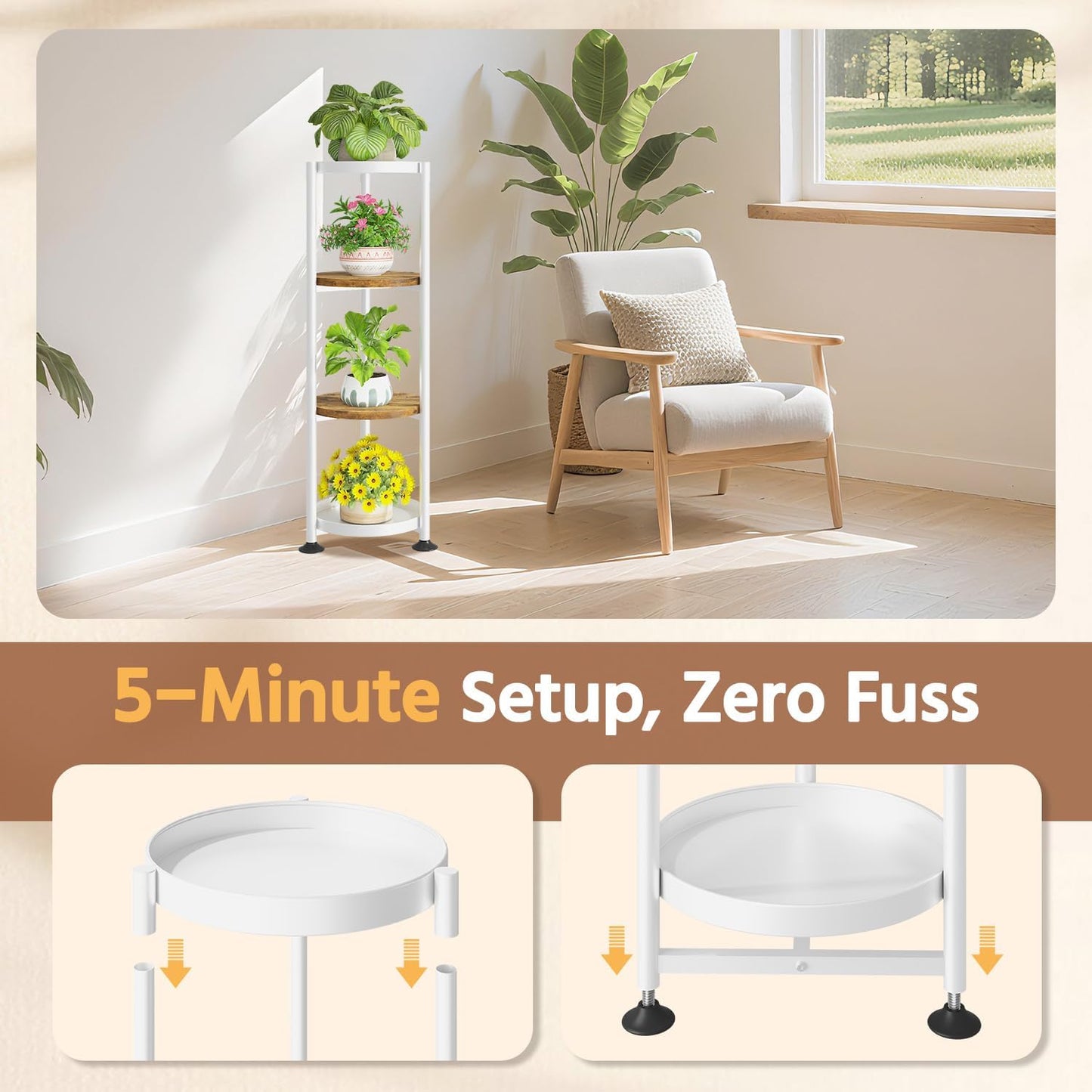 LASZOLA 4 Tier White Plant Stand Indoor for Large Tall Heavy Duty Flower Planter, Metal Vertical Multi Level Rack for Narrow Floor Corner, Sturdy Round Holder Organizer, Modern, Mid Century, Farmhouse