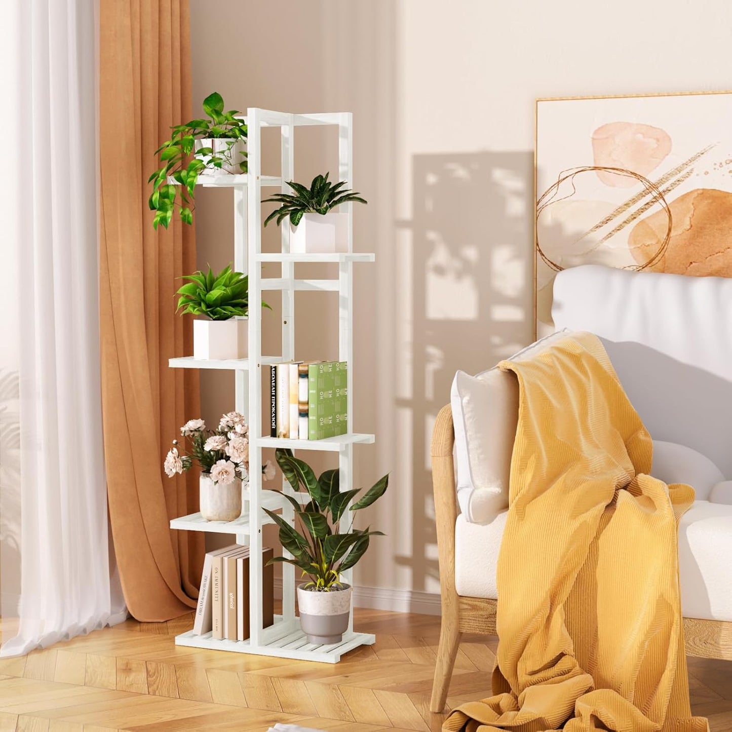 6 Tier Bamboo Plant Stand Indoor, Wood Tall Flower Holder Corner Tiered Plant Shelf for Multiple Plants (White)