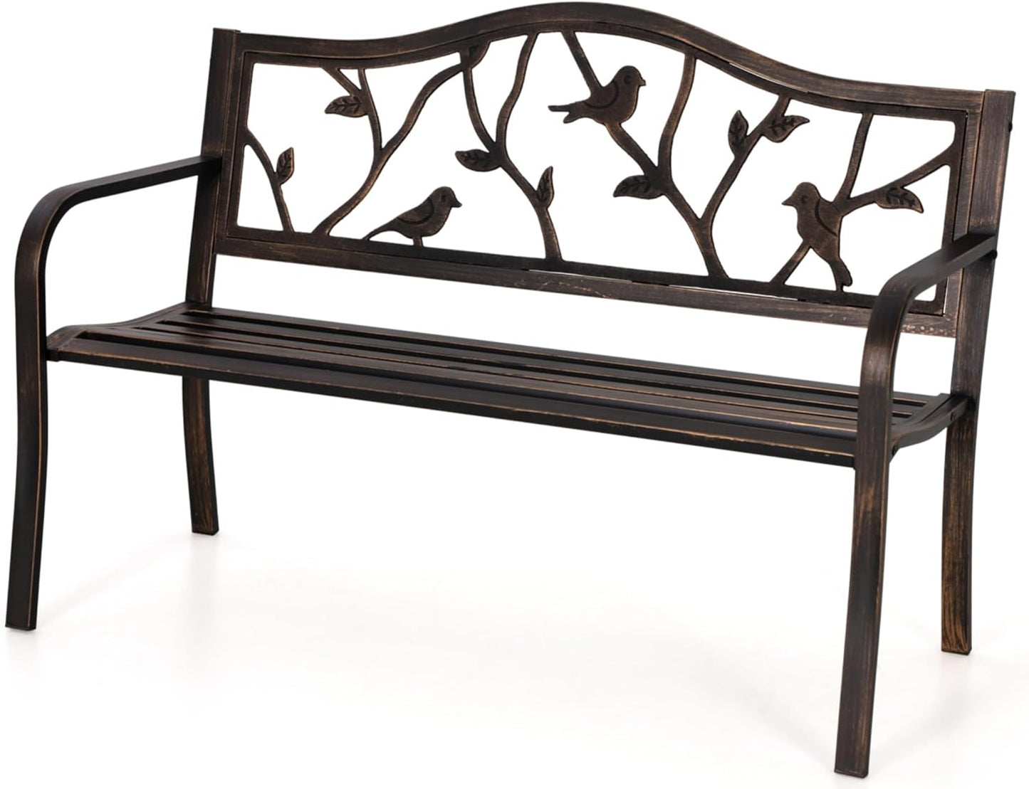 MFSTUDIO 50" Outdoor Garden Bench, Patio Metal Frame Park Bench with Bird Pattern Backrest for Porch, Lawn, Deck(Bronze)