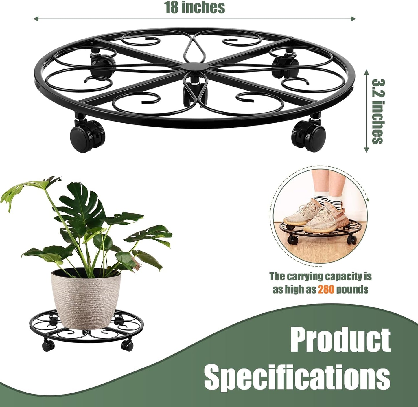 3 Packs 18” Plant Caddy with Wheels Metal Plant Stand on Wheels for Indoor and Outdoor Plants Rolling Plant Stand with Casters Heavy Duty Plant Dolly Roller Caddy, Black