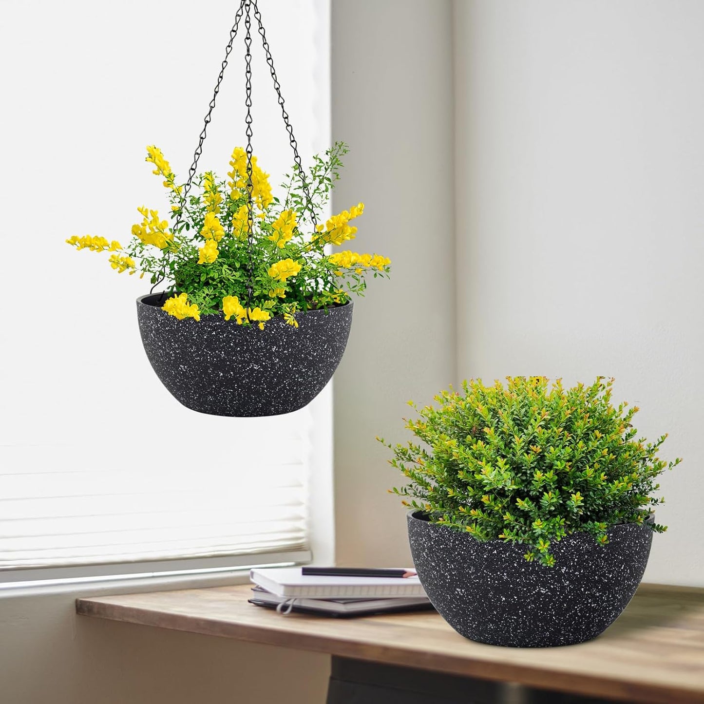 12 inch Large Hanging Planters for Indoor Outdoor Plants, 2 Pack Hanging Flower Pots with Drainage Holes and Chain for Garden Porch, Plastic Hanging Baskets for House Plants, Speckled Black