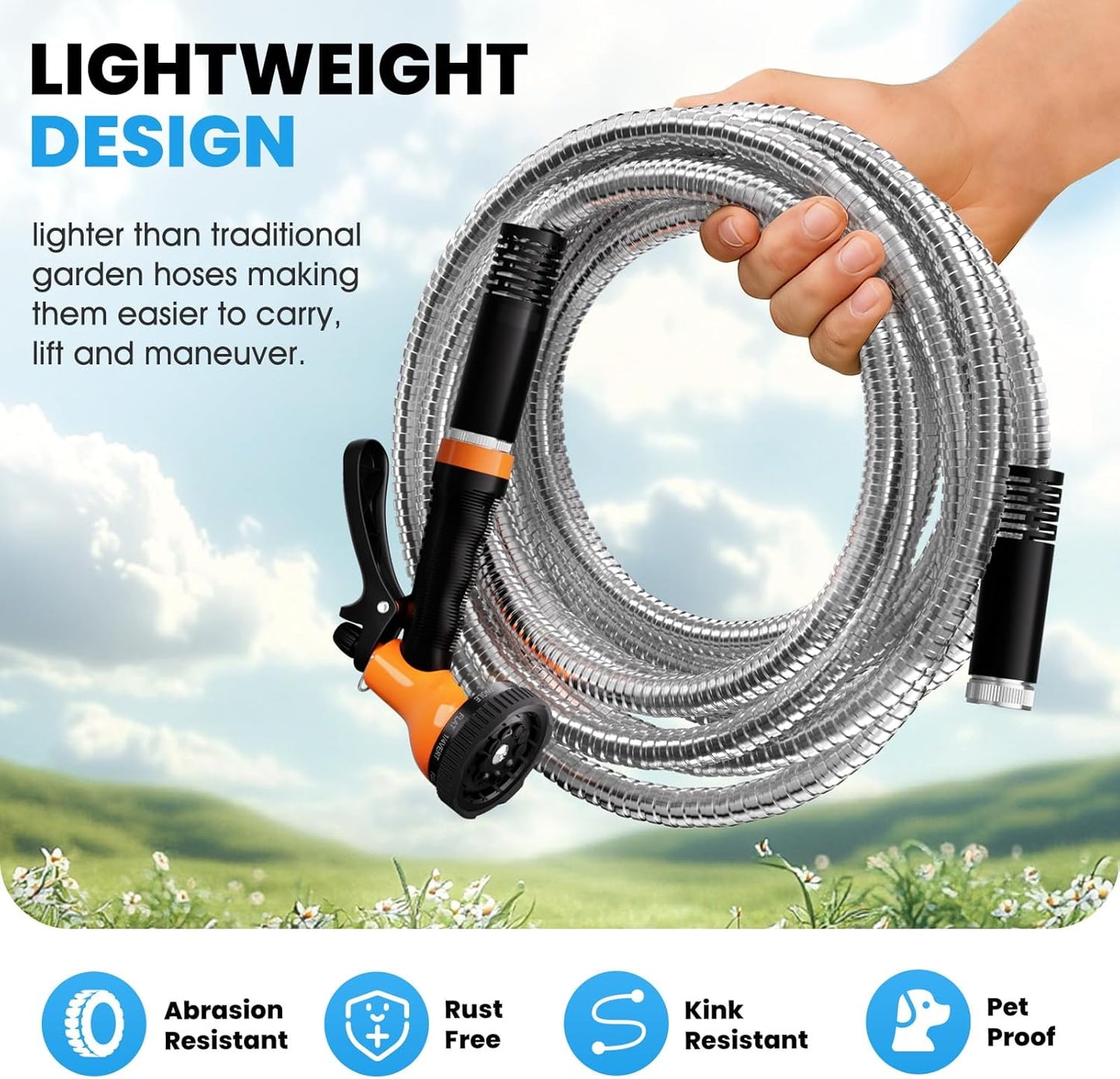 Garden Hose Metal 25 FT, Flexible Stainless Steel Water Hose with 10 Function Nozzle, Kink Free, Lightweight & Durable, Crush Resistant Fitting, Puncture Proof Hose for Yard, Rv, 600 PSI 2025 New