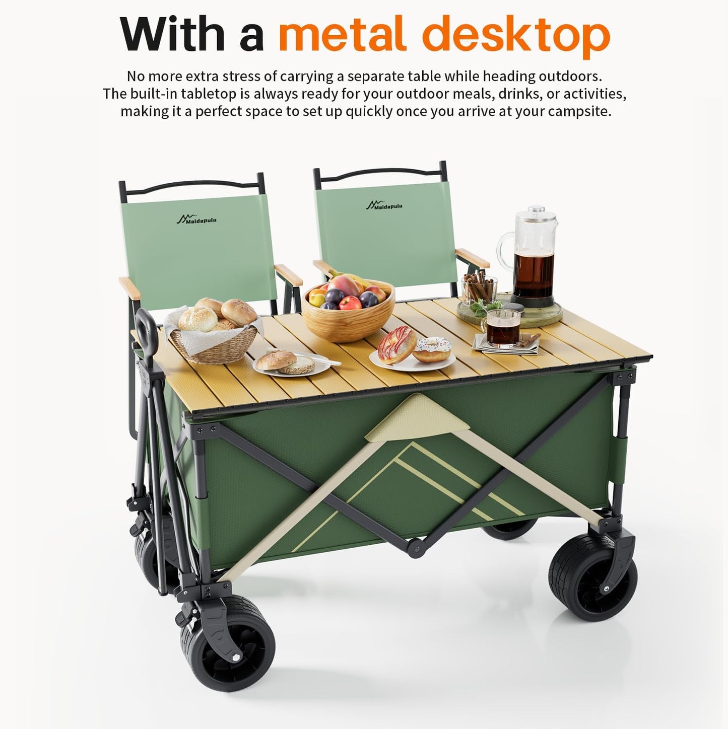 Wagons Carts Foldable, Wagon with Table Top,Beach Wagon with Big Wheels for Sand,Camping Sports Garden Beach Grocery（Green）