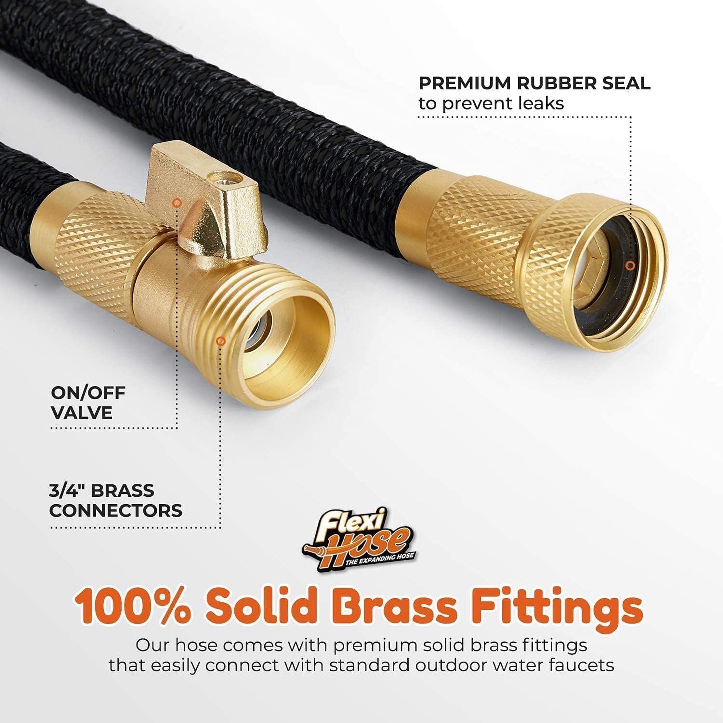 Flexi Hose with 8 Function Nozzle, 50FT - Lightweight Expandable Garden Hose, No-Kink Flexibility, 3/4 Inch Solid Brass Fittings and Double Latex Core