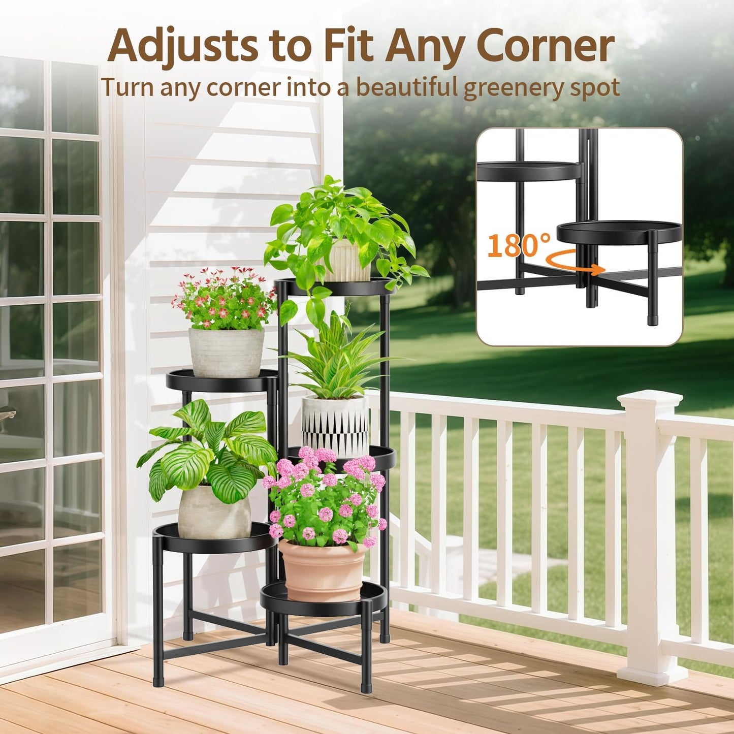 LASZOLA 5 Tiered Folding Plant Stand Indoor for Multiple Large Planter, Tall Heavy Duty Adjustable Rack with Rust Proof 10 Inch Wide Tray, Sturdy Vertical Tree Organizer for Narrow Inside Floor, Black