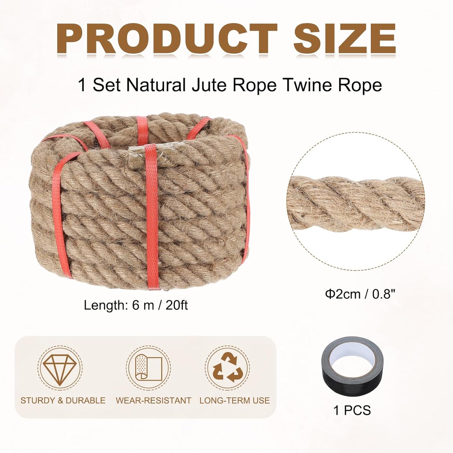 MECCANIXITY Jute Rope 0.8 Inch x 20ft, Thick Twine Rope Ropes Braided Jute Twine Natural Brown Burlap Cord String Heavy Twisted with Tape for Decorative Crafts Railing Swing Tug of War