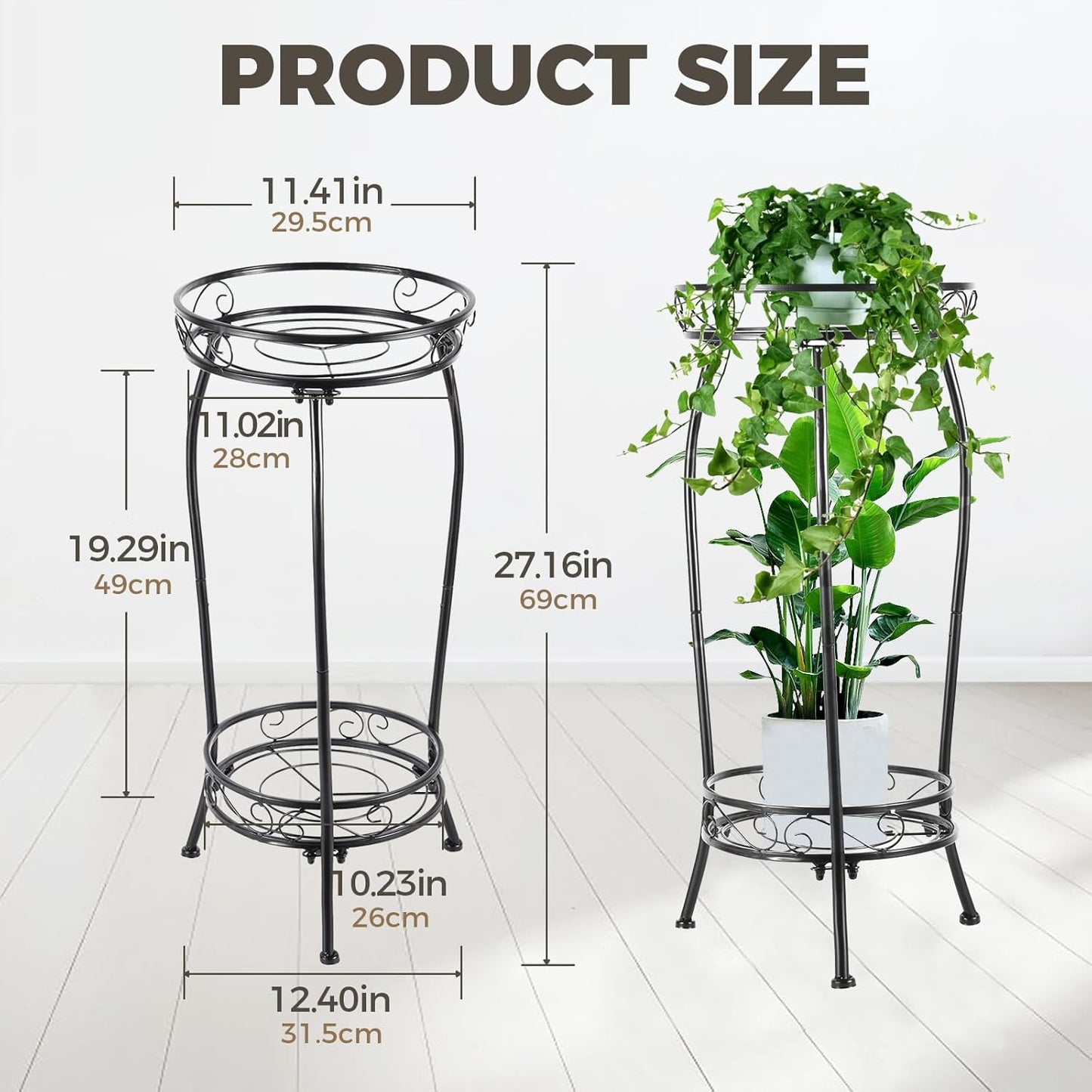 Plant Stand Indoor Outdoor，Tall Black Metal Rustproof Stable Plant Stands，2 Tier 27.1 inch Multiple Plant Rack Holder Rack Flower Pot Stand Heavy Duty Plant Shelf